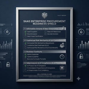 Puede incluir: Un póster enmarcado titulado SAAS ENTERPRISE PROCUREMENT READINESS SHIELD con un fondo azul oscuro. Enumera cuatro secciones: Information Security & Data Governance, Contractual Risk Mechanics & SLA Commitments, Business Continuity y Subprocessor & AI Compliance, con marcas de verificación, iconos de candado y gráficos técnicos.