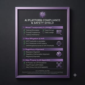 Op de afbeelding: Een ingelijste poster met de titel AI PLATFORM COMPLIANCE & SAFETY SHIELD in een paarse metalen lijst. Het document bevat vier secties: Model Transparency & Lineage, Bias Mitigation & Drift, Regulatory Alignment en Data Privacy (LLM Appendix).