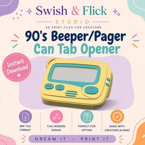 May include: A yellow and teal 3D printed 90's beeper pager can tab opener with a screen and buttons. The text reads Swish & Flick Studio, 3D Print Files For Creators, 90's Beeper/Pager Can Tab Opener, Instant Download, 3MF File Format, Dream It Print It.