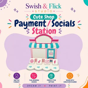 May include: A pink and teal 3D-printed payment and social media display stand featuring a storefront design with icons for a website, TikTok, Instagram, and Facebook. The base includes four contactless payment symbols. Text reads Swish & Flick Studio.