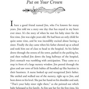 May include: A book page with the title "Put on Your Crown" and Chapter 1. The text describes a story about a boy named Jim meeting his baby sister for the first time at the hospital. The text is in black font.