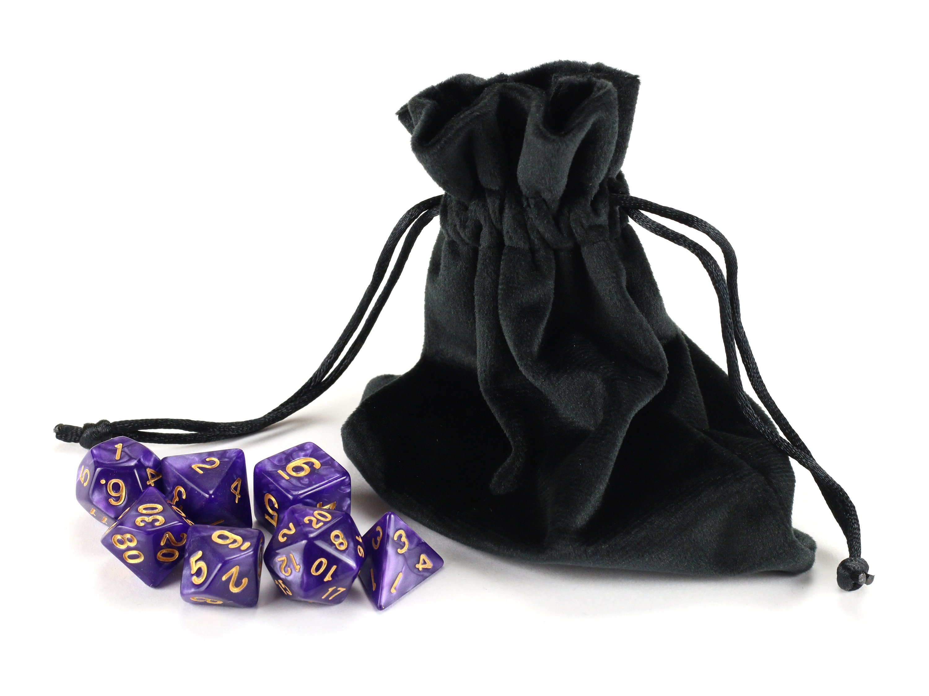 Polyhedral 7-Die Dice Set for Dungeons and Dragons with Black Pouch Transparent Violet 