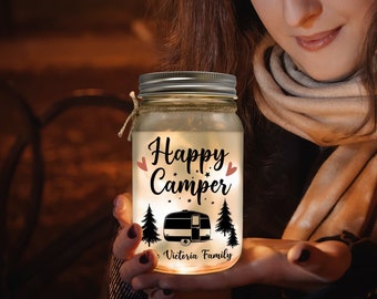 Happy Camper - Personalized Mason Jar Light, Gift For Camping Lover, Camping Gift Camping Light Up Rv Decor, Motorhome Decor Gift For Camper