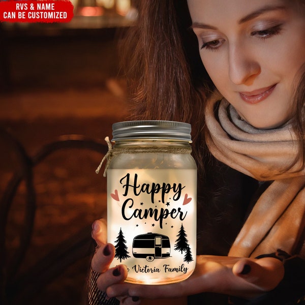 Happy Camper - Personalized Mason Jar Light, Gift For Camping Lover, Camping Gift Camping Light Up Rv Decor, Motorhome Decor Gift For Camper