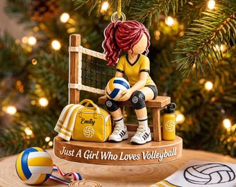 Enfeite de Natal personalizado "Apenas uma garota que ama vôlei", com nome personalizado, ideal para presentear uma atleta, lembrança para jogadora adolescente ou fã de vôlei.