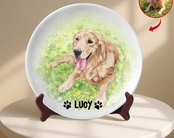 Capturing The Wag In Watercolor - Personalized Custom Watercolor Pet Portrait Round Platter, Dog Memorial Plate, Unique Gift For Dog Lover