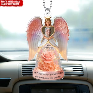 En alas de ángel te llevaron lejos - Percha de acrílico personalizada con foto para auto, accesorios para espejo retrovisor, idea de regalo de duelo, adorno para auto