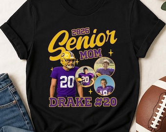 Benutzerdefinierte Fotocollage Fußball Senior Mom - Benutzerdefinierte Foto Fußballspieler Collage Shirt, Foto Sport T-Shirt, Senioren Nachthemd, Geschenke für Fußballfans