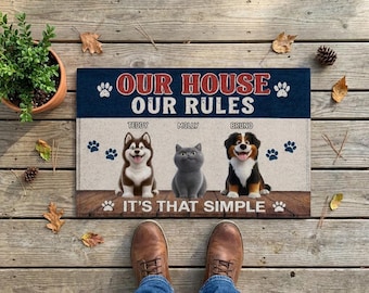 My House My Rules It's That Simple - Personalized Dog Cat Welcome Mat, Pet Lover Gift,Cat Mom Picture Door Mat, Pet Owner Housewarming Gift