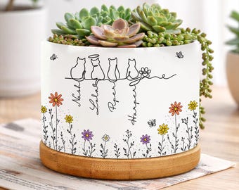 Meu coração pertence a esses gatos - Vaso de plantas personalizado com desenho floral de gato fofo, arte floral boho personalizada com nome, presente para amante de gatos