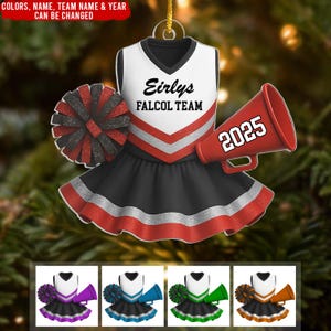 Robe de pom-pom girl avec nom et nom de l'équipe - décoration de Noël de pom-pom girl personnalisée, décoration de l'équipe de pom-pom girl, cadeau de coach de pom-pom girl, cadeau de pom-pom girl