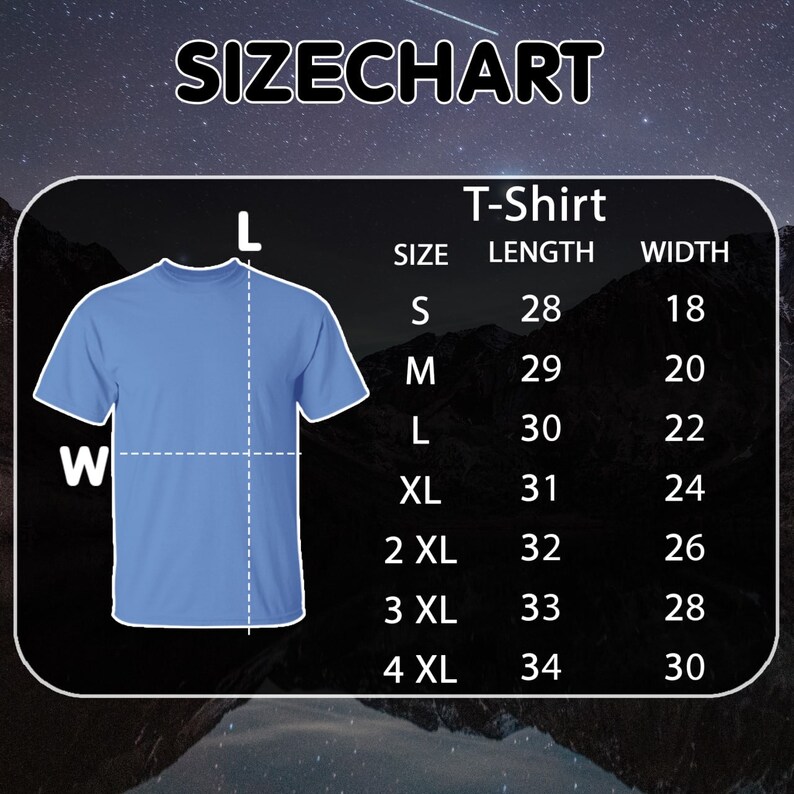 May include: Size chart for a T-shirt with measurements in inches. The chart shows the size, length, and width of the shirt in sizes S, M, L, XL, 2XL, 3XL, and 4XL.
