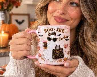 My Boo Jee Mug- Personalized Boo Jee Mug, Boujee Halloween Design, Leopard Ghost Coffee Mug, Trendy Boujee Fall Gift, Custom Name Leopard