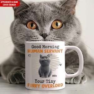 Cat Cartoon, Good Morning Human Servant Your Tiny Furry Overlord - Personalized Mug, Gift For Cat Lover, Gift For Pet Owner, Cat Mug