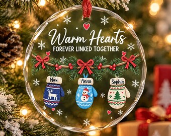 Warm Hearts Forever Linked-Personalized Family Mitten Ornament,Custom Name Mitten Ornament,Glass Christmas Tree Ornament,Holiday Tree Decor