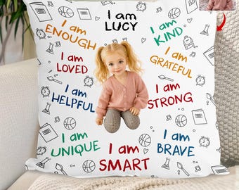 I Am Enough And Loved - Personalized Kids Pillow,Custom Photo Pillow, Custom Name Kids Affirmation Cushion, Positive Message Room Decor