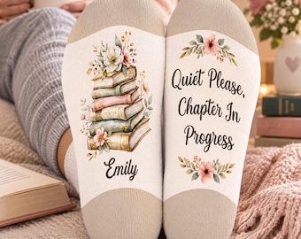 Quiet Please - Personalized Book Lover Crew Socks, Custom Name Reading Socks, Reader Bookworm Gift for Her,Cozy Gift for Women