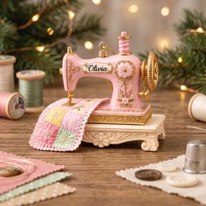 May include: A pink sewing machine ornament featuring gold accents, a floral relief design, and a nameplate with the text Olivia. It sits on a cream-coloured base and is accompanied by a small, multi-coloured quilted fabric piece with lace trim.