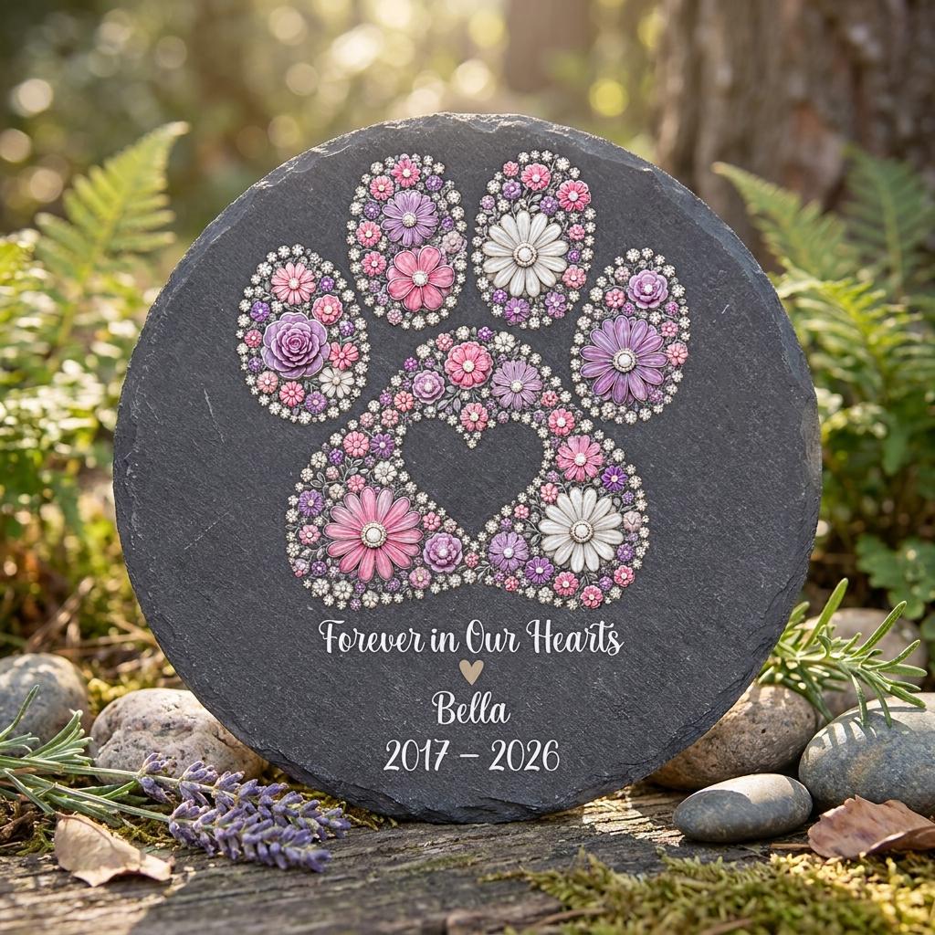 Forever In Our Heart -Personalized Pet Memorial Garden Stone, Floral Paw Print Slate Remembrance Gift,Sympathy Gift, Outdoor Grave Marker