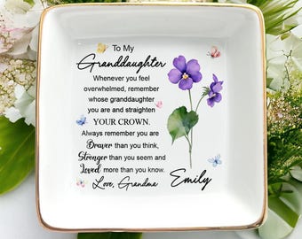 To My Granddaughter - Personalized Jewelry Dish, Gift for Granddaughter, Grandma Gift, Flower Birth Month Custom Ring Dish