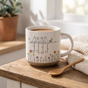 May include: A speckled ceramic mug featuring a line art illustration of four dogs sitting in a row with the names Phoebe, Louisa, Charlie, and Cooper written vertically below them, accompanied by a colorful floral pattern at the base.
