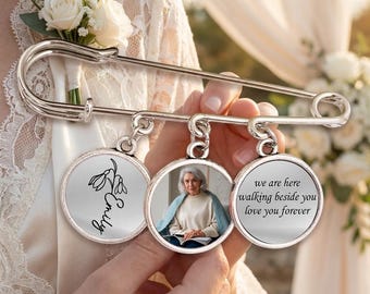 We Are Here Walking Beside You - Personalized Memorial Photo Lapel Pin, Wedding Keepsake, Silver Charm,Bride Wedding Photo Label Pin