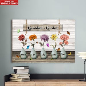 Grandma&#39;s Garden, Custom Birth Month Flowers Canvas , Gift For Grandma, Home Decoration, Great Grandma Gift From Children
