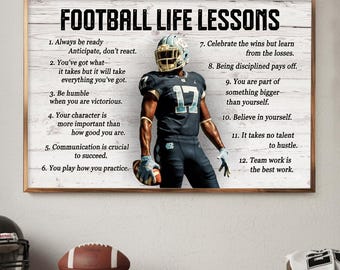 Custom Photo, Football Life Lessons - Personalized Football Sports Poster,Custom Player Photo Wall Art,Retro Motivational Decor,Athlete Gift