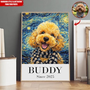 Puede incluir: Un retrato enmarcado de un perro con un fondo al estilo de Van Gogh. El perro tiene pelo rizado y dorado y lleva una bufanda en blanco y negro. La palabra "BUDDY" está impresa en letras grandes, con "Since 2025" debajo.