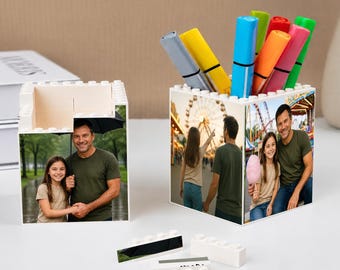 Personalized Daddy & Me Building Block Photo Pencil Pot, Custom Desk Organizer Gift