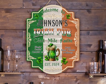 Vintage Rustic Irish Pub Lucky Charms Shamrock - Personalized Wooden Sign,St. Patrick's Day Decor, Irish Pub One Hundred Thousand Welcomes