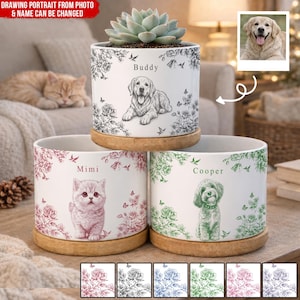 Toile De Jouy Pet Photo Planter – Custom Memorial Flower Pot, Dog Loss Keepsake, Pet Planter Pot, Dog Mom Gift