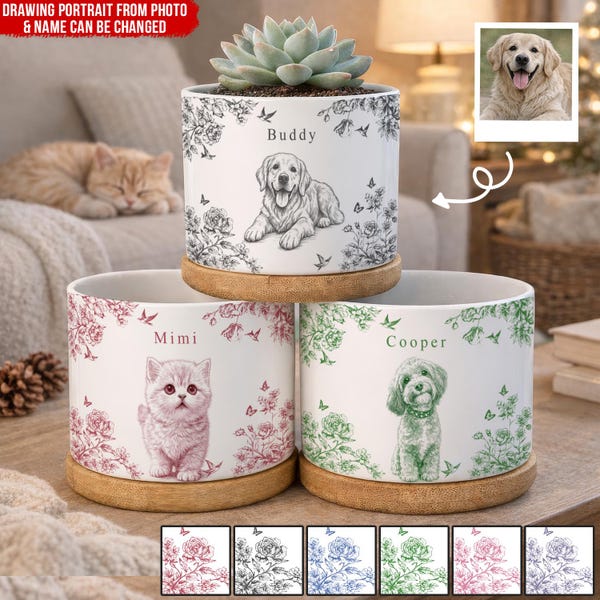 Maceta personalizada con foto de mascota Toile De Jouy – Maceta personalizada con foto de mascota Toile De Jouy, regalo para recordar a tu perro fallecido, regalo para amantes de los perros, regalo para mamás perrunas