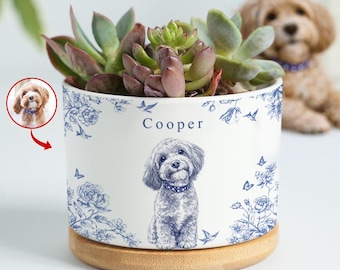 Toile De Jouy Pet Photo Planter – Custom Memorial Flower Pot, Dog Loss Keepsake, Pet Planter Pot, Dog Mom Gift