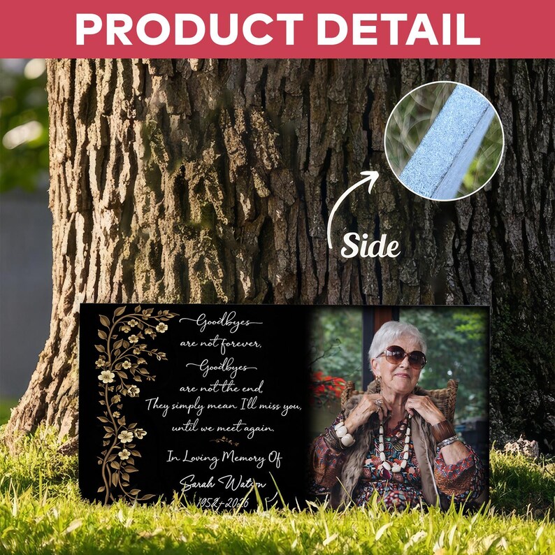 May include: A black memorial plaque with a photo of a woman, framed by a poem and floral accents. The text reads "Goodbyes are not forever... In Loving Memory Of Sarah Watson 1958-2016." The plaque is displayed outdoors.