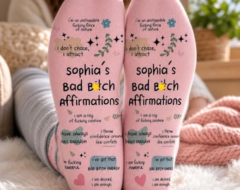Bad B*tch Affirmations Personalized Affirmation Crew Socks, Custom Name, Inspirational Gift,Funny Gift For Friend, Coworker Gift