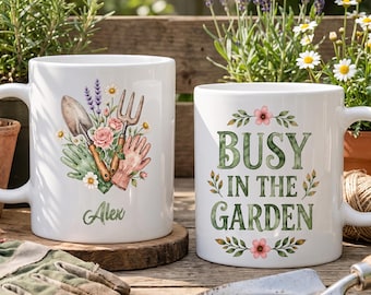 Busy In The Garden - Personalized Name Ceramic Mug, Plant Lover Coffee Mug, Gardener Birthday Gift, Gardener Gift For Her