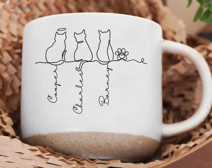 Cute Cats-Personalized Cat Pottery Mug with Name,Special Coffee Cat Mug, Unique Cat Lover Present,Gift For Cat Owner,Family Gift, Pet Lover