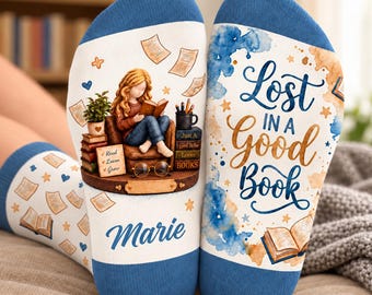 Personalized Watercolor Book Lover Socks, Custom Name Reading Gift