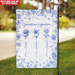 Grandma Garden Blue Toile De Jouy - Personalized  Flower For Grandma&#39;s Garden Flag, Custom Grandma&#39;s Garden,Grandma Gifts From Grandkids