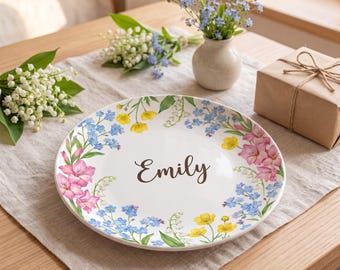 My Blooming Flowers – spersonalizowany ceramiczny talerz z kwiatami narodzin, spersonalizowany kwiat i imię dla niej, prezent urodzinowy, prezent dla mamy