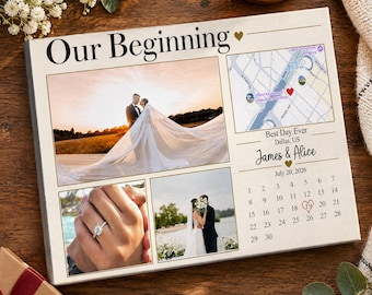 Our Beginning Custom Couple Photo Collage Wall Art, Personalized Love Story Map and Special Date Calendar Canvas, Romantic Anniversary Gift