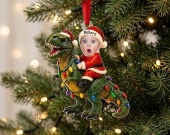 Baby Santa Riding Dinosaur - Personalized Baby  Christmas Ornament, Custom Photo Dino Rider Decor,Kids Room, Christmas Gift Idea