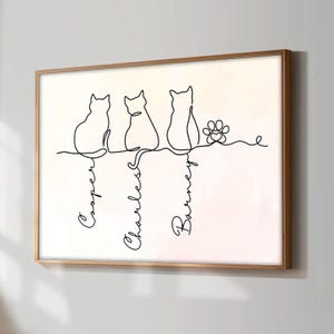 Può includere: Stampa incorniciata con un disegno a linea minimalista di tre gatti e un'impronta di zampa. I nomi "Cooper", "Charles" e "Barney" sono scritti sotto le figure dei gatti in corsivo. L'opera d'arte è ambientata su uno sfondo morbido, in stile acquerello.