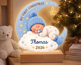 A Little Star Shines Bright on My First Christmas-Custom Sleeping Baby Moon Night Light,Custom Name Lamp with Wooden Base,Baby Shower Gift