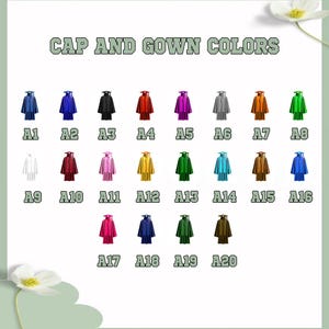 May include: A chart showing 20 different cap and gown colors. The colors are labeled with letters and numbers, such as A1, A2, A3, and so on.