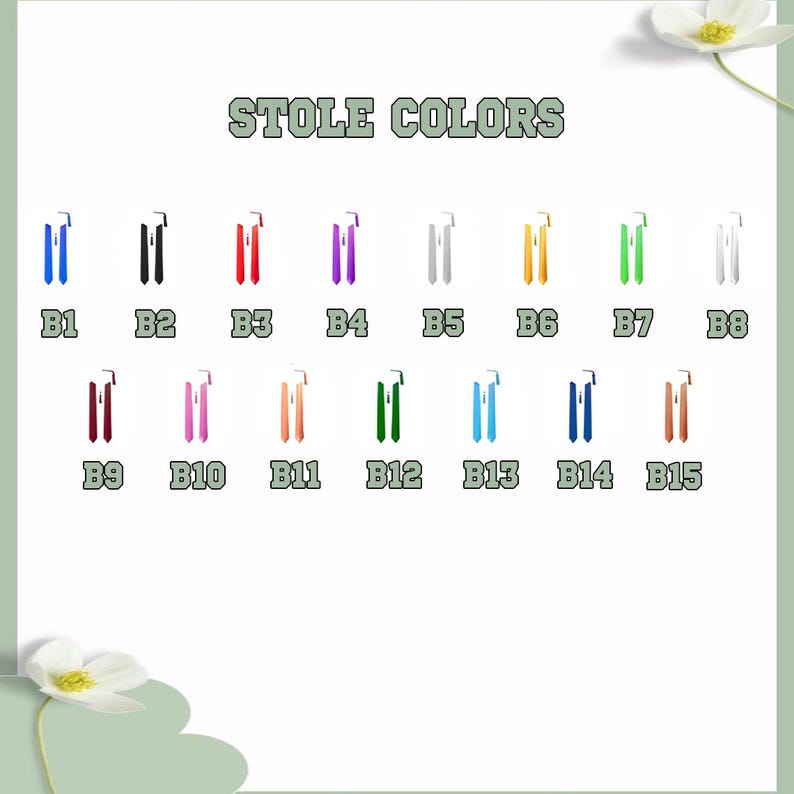 May include: A chart showing 15 different colors of graduation stoles. The stoles are labeled B1 through B15.