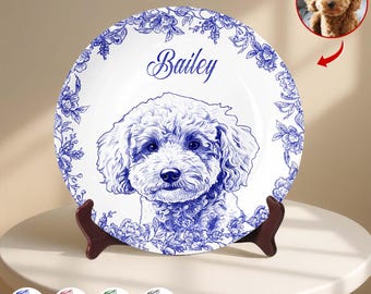 Whispers Of Love In Toile De Jouy - Custom Photo Pet Round Plate, Custom Dog Cat Plate,  Dog Lover Gift, Cat Lover Gift, Pet Memorial Gift