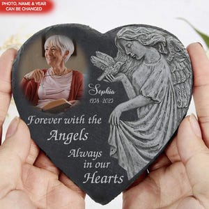 Forever With The Angels Always In Our Heart- Personalized Memorial Garden Stone For Indoor, Outdoor, Custom Slate,Remembrance Gift