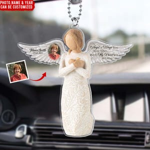 En alas de ángel te llevaron, pero en mi corazón te quedarás: colgante de coche con foto personalizada de alas de ángel, colgante de coche conmemorativo, regalo conmemorativo